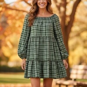Wonderly Plaid Tiered Babydoll Dress Size L Green White Long Sleeve Boat Neck
